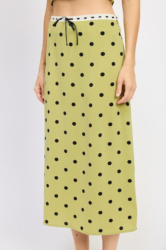 POLKA DOT MIDI SKIRT WITH LACE TRIM