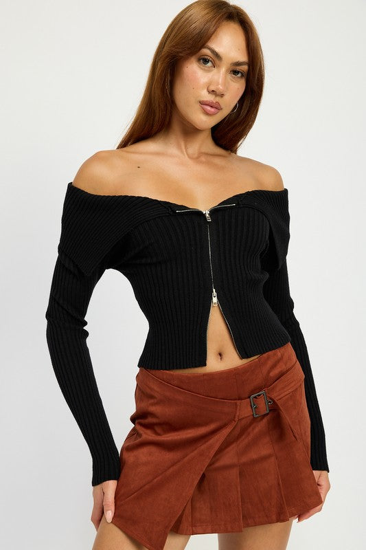 ZIP FRONT BARDOT SHOULDER TOP