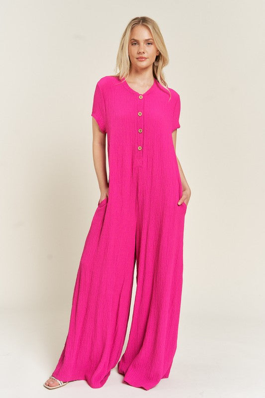 TEXTURED SHORT SLEEVE JUMPSUIT