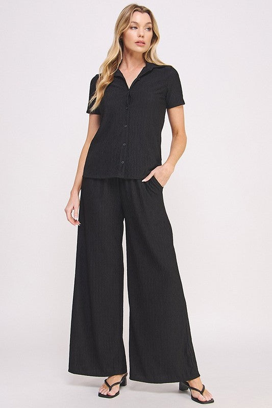 TEXTURED SHORT SLV BUTTON DOWN/WIDE LEG PANTS SET